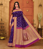Dark Purple Handloom Silk Saree With Gandaberunda Buttas & Pallu-KA15776