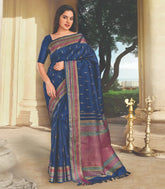 Indigo Blue Handloom Kanchipuram Natural Dyed Silk Saree With Jasmine bud Motifs