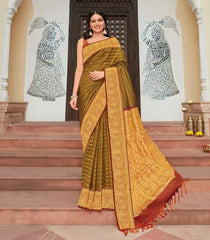 Sage Green Handloom Kanchipuram Korvai Silk Saree With Minangkabau Motifs