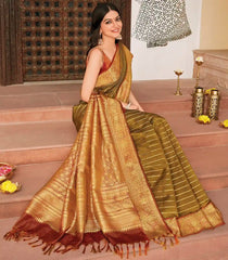 Sage Green Handloom Kanchipuram Korvai Silk Saree With Minangkabau Motifs