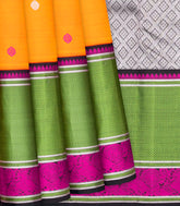 Mango Yellow Handloom Kanchipuram Korvai Silk Saree With Black Border-Mango Yellow