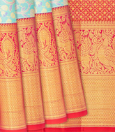 Turquoise Handloom Kanchipuram Silk Saree With Meena Floral Motifs-Turquoise