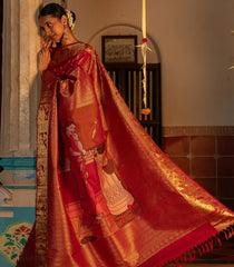 Crimson Handwoven Kanchipuram "Hamsa Damayanthi" Silk Saree-Crimson