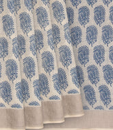 Off White Handwoven Linen Saree With Flower Motifs in Blue Print-Off White
