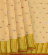 Beige Handwoven Linen Saree With Butta & Contrast Yellow Border & Pallu-Beige