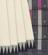 Cream Handloom Orissa Silk Saree With Temple Border & Stripped Pallu-Cream