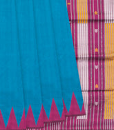 Cyan Handloom Orissa Silk Saree With Temple Border & Stripped Pallu-Cyan