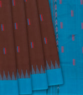 Brown Handloom Orissa Cotton Saree With Cyan Temple Border-Brown