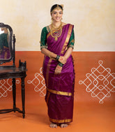 Magenta Handloom Kanchipuram Nine Yards Silk Saree With 16 Muthu Border-KA15968