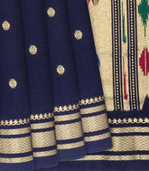 Midnight Blue Handloom Paithani Cotton Saree With Kamalam Buttas-Midnight Blue