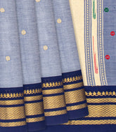 Grey Handloom Paithani Cotton Saree With Kamalam Buttas-Grey