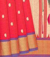 Red Handloom Paithani Cotton Saree With Mango Buttas-Red