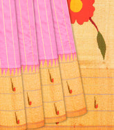 Bubble-gum Pink Handloom Paithani Silk Saree With Stripes-BubbleGum Pink