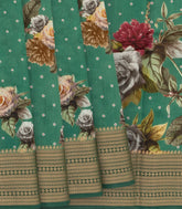 Aquamarine Woven Chiniya Silk Saree With Floral Prints & Traditional Motifs in Border-Aquamarine