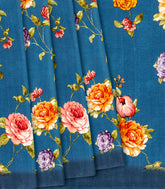 Blue Printed Crepe Silk Saree With Floral Prints-Blue