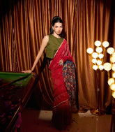 Crimson Handloom Bandhej Tussar Silk Saree With Tie & Dye Motifs -TU3034