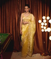 Yellow Woven Organza Saree With Embroidered Mirror Work & Floral Motifs-EN1808