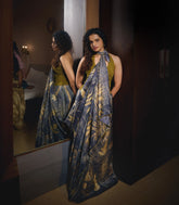 Grey Handloom Tussar Silk Saree With Eco Printed Motifs-TU2872