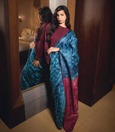 Indigo Handloom Tussar Silk Saree With Printed Geometric Motifs-TU2772