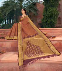 Rustic Brown Handloom Natural Dyed Silk Saree With 99 Flowers On Pallu
