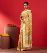 Cream Handloom Chanderi Cotton Saree Is Printed With Floral Motifs