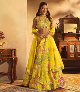 Luminous Yellow Floral Mirror Work Designer Lehenga Set-SK5111