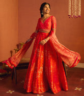 Sunset Orange Banarasi Silk Lehenga Set - SK5115