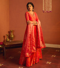 Sunset Orange Banarasi Silk Lehenga Set - SK5115