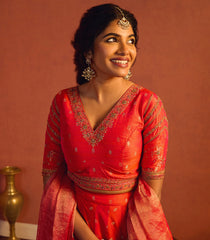 Sunset Orange Banarasi Silk Lehenga Set - SK5115