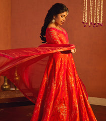 Sunset Orange Banarasi Silk Lehenga Set - SK5115