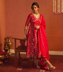 Carmine Red Banarasi Silk Anarkali Suit Set-RC5489
