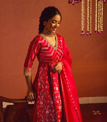 Carmine Red Banarasi Silk Anarkali Suit Set-RC5489