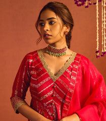 Carmine Red Banarasi Silk Anarkali Suit Set-RC5489