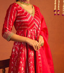 Carmine Red Banarasi Silk Anarkali Suit Set-RC5489