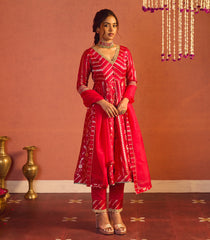 Carmine Red Banarasi Silk Anarkali Suit Set-RC5489