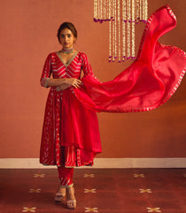 Carmine Red Banarasi Silk Anarkali Suit Set-RC5489