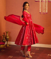 Carmine Red Banarasi Silk Anarkali Suit Set-RC5489