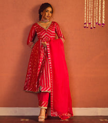 Carmine Red Banarasi Silk Anarkali Suit Set-RC5489