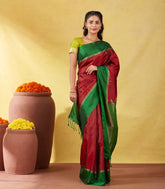 Crimson Soft Silk Saree With Zari Stripes & Green Border
