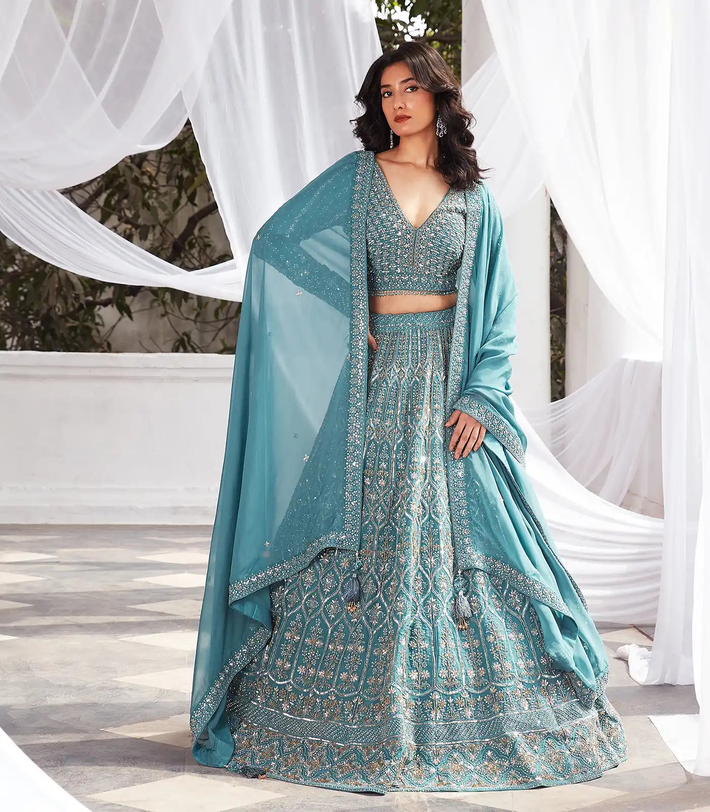 Serene Blue Embroidered Lehenga set Blue L RmKV Silks