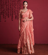 Pastel peach silk brocade pre-stitched saree skirt set