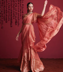 Pastel peach silk brocade pre-stitched saree skirt set