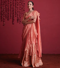 Pastel peach silk brocade pre-stitched saree skirt set