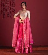 Ivory Gold And Fuschia Pink Embroidered Pure Silk Lehenga Set - Fuchsia