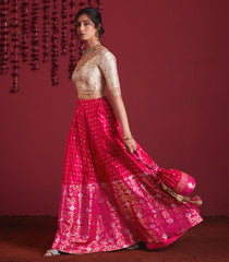 Ivory Gold And Fuschia Pink Embroidered Pure Silk Lehenga Set - Fuchsia