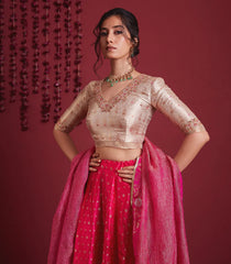 Ivory Gold And Fuschia Pink Embroidered Pure Silk Lehenga Set - Fuchsia