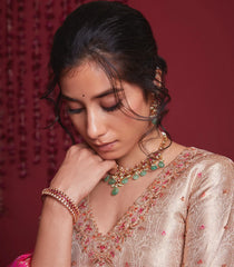 Ivory Gold And Fuschia Pink Embroidered Pure Silk Lehenga Set - Fuchsia