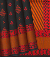 Black Handloom Soft Silk Saree With Geometric Floral Motifs-Black