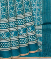 Cyan Handloom Tussar Silk Saree With Printed Floral Vine On Checks-Cyan