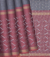 Dark Grey Woven Tussar Silk Saree With Stripes-Dark Grey